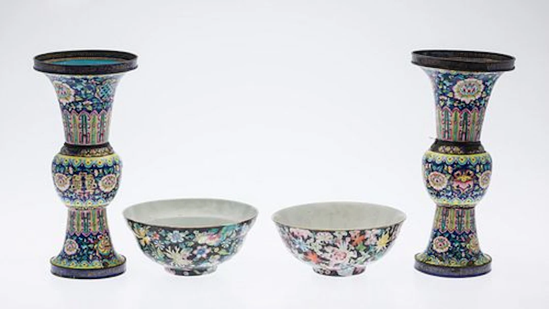 Pair of Chinese Enamel Vases and Two Porcelain Bowls