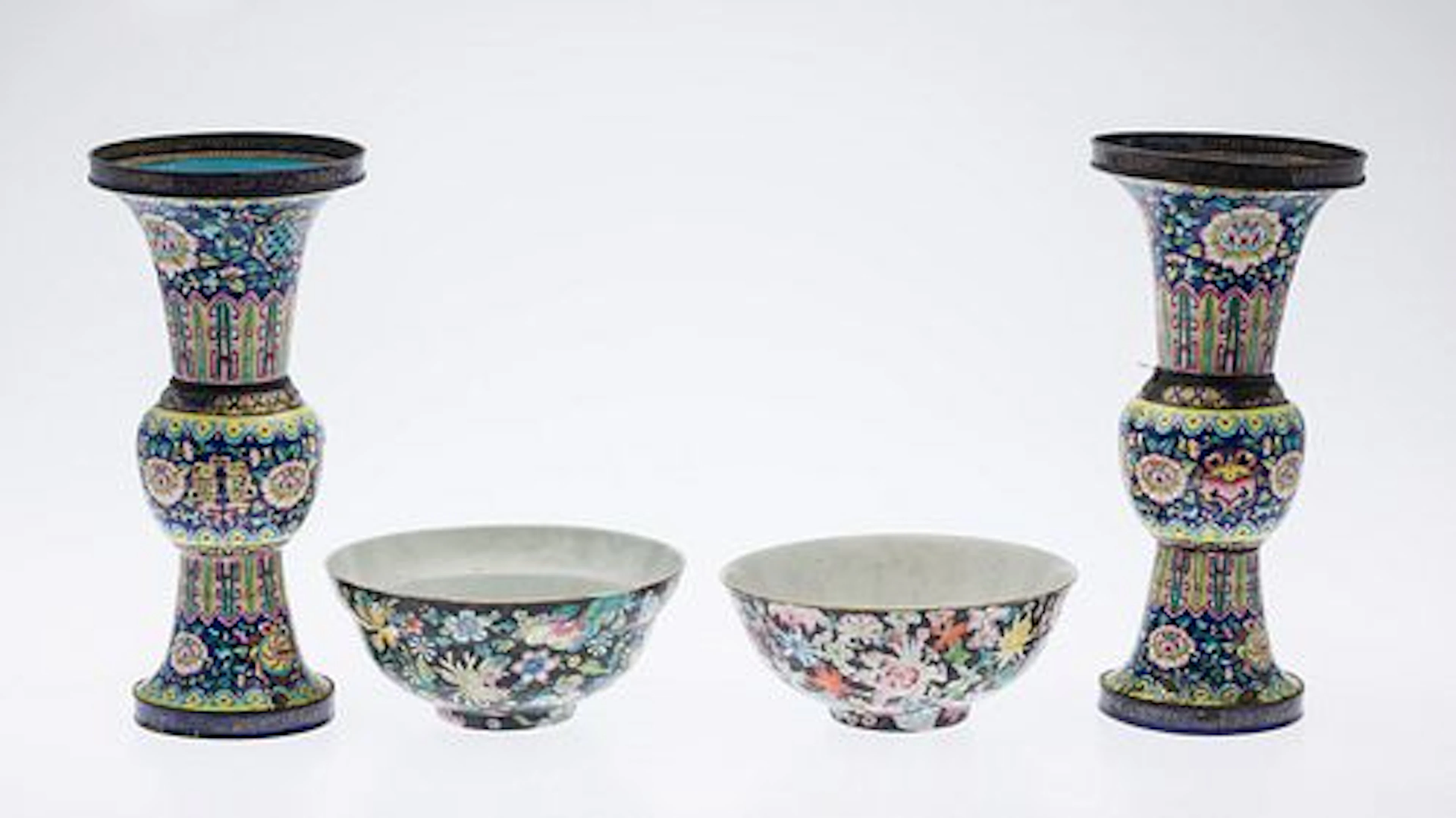 Pair of Chinese Enamel Vases and Two Porcelain Bowls
