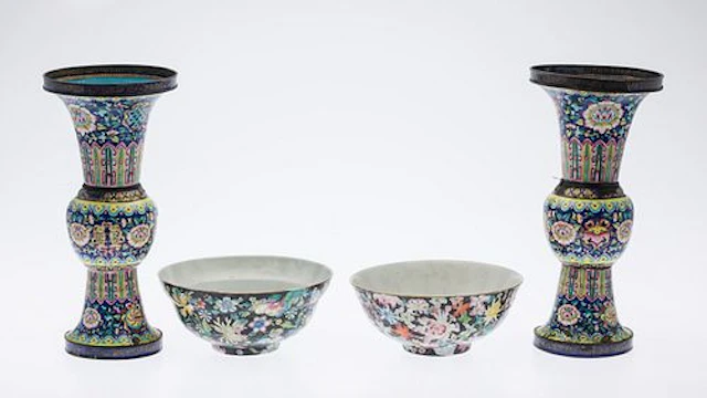 Pair of Chinese Enamel Vases and Two Porcelain Bowls