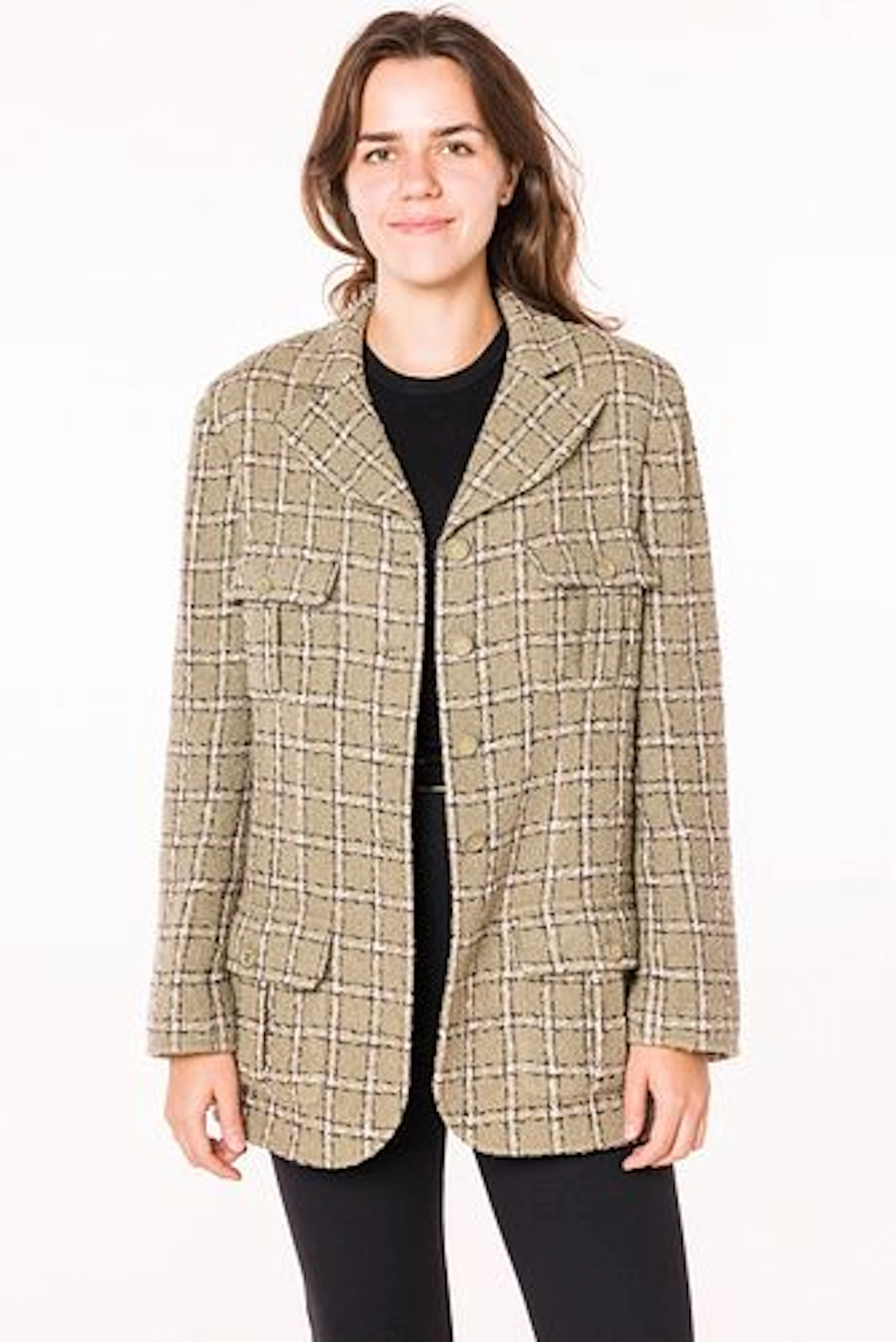 Chanel Gray and Tan Plaid Tweed Blazer, Sz Large