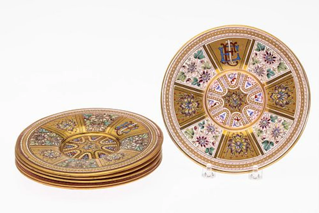 6 Bohemian Enamel & Ruby Glass Plates, 19th Century