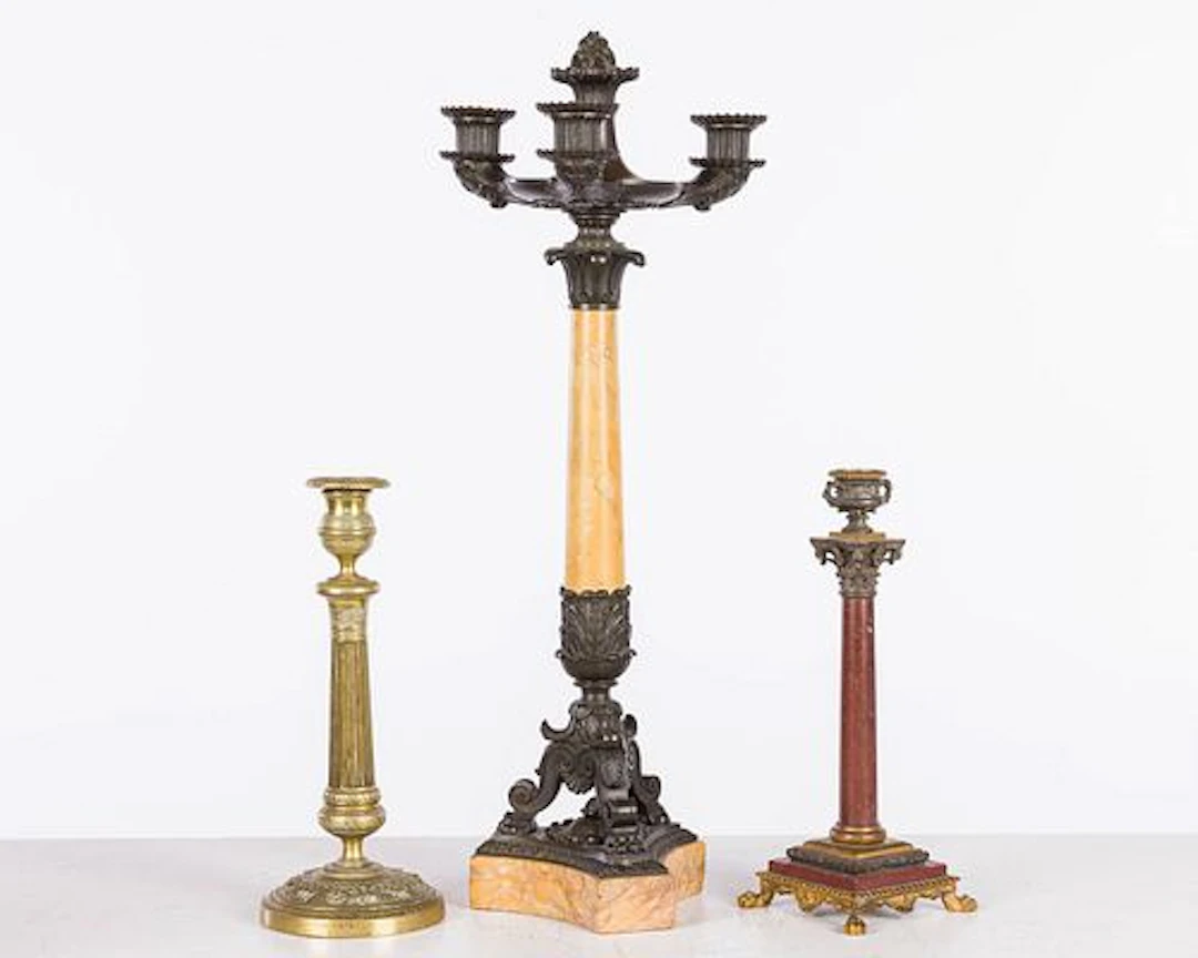Group of Three Bronze and Stone Candlesticks, 19th C