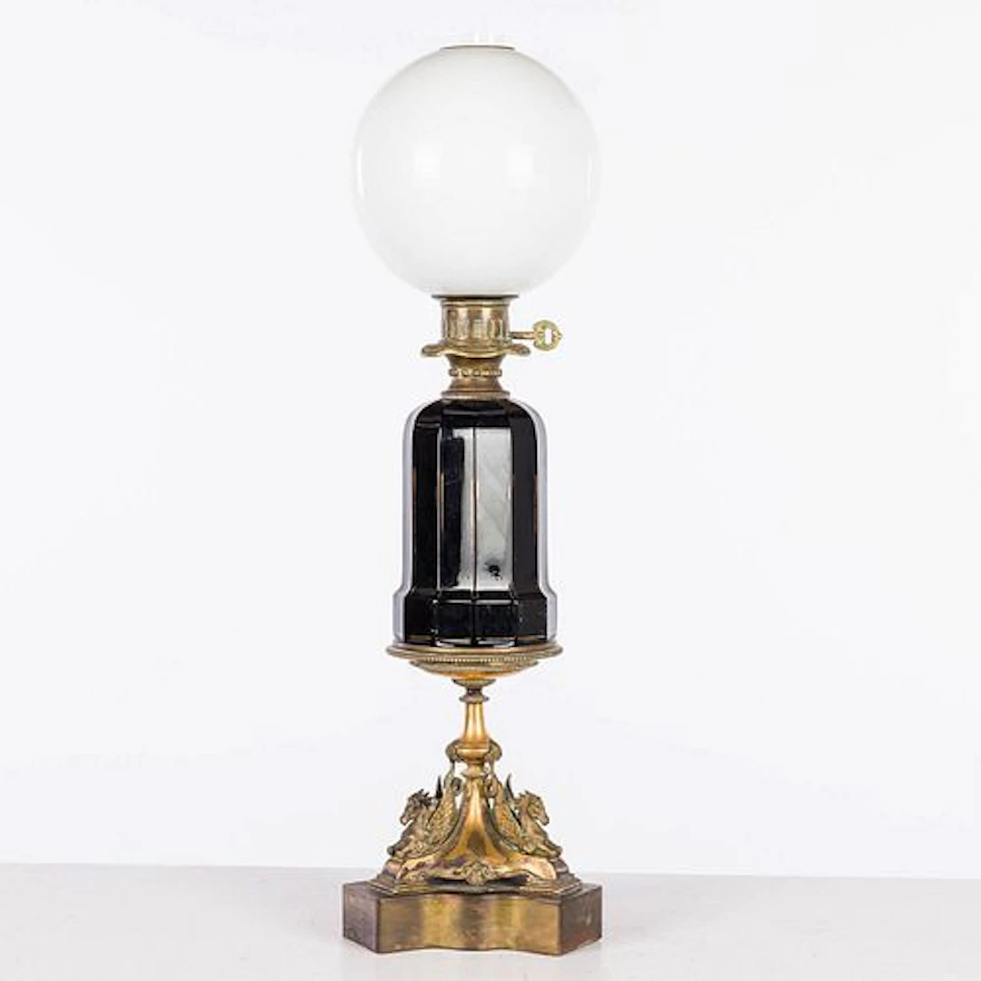 French Gilt Metal & Black Glass Lamp, 20th Century