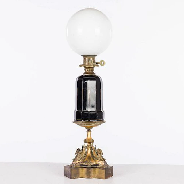 French Gilt Metal & Black Glass Lamp, 20th Century