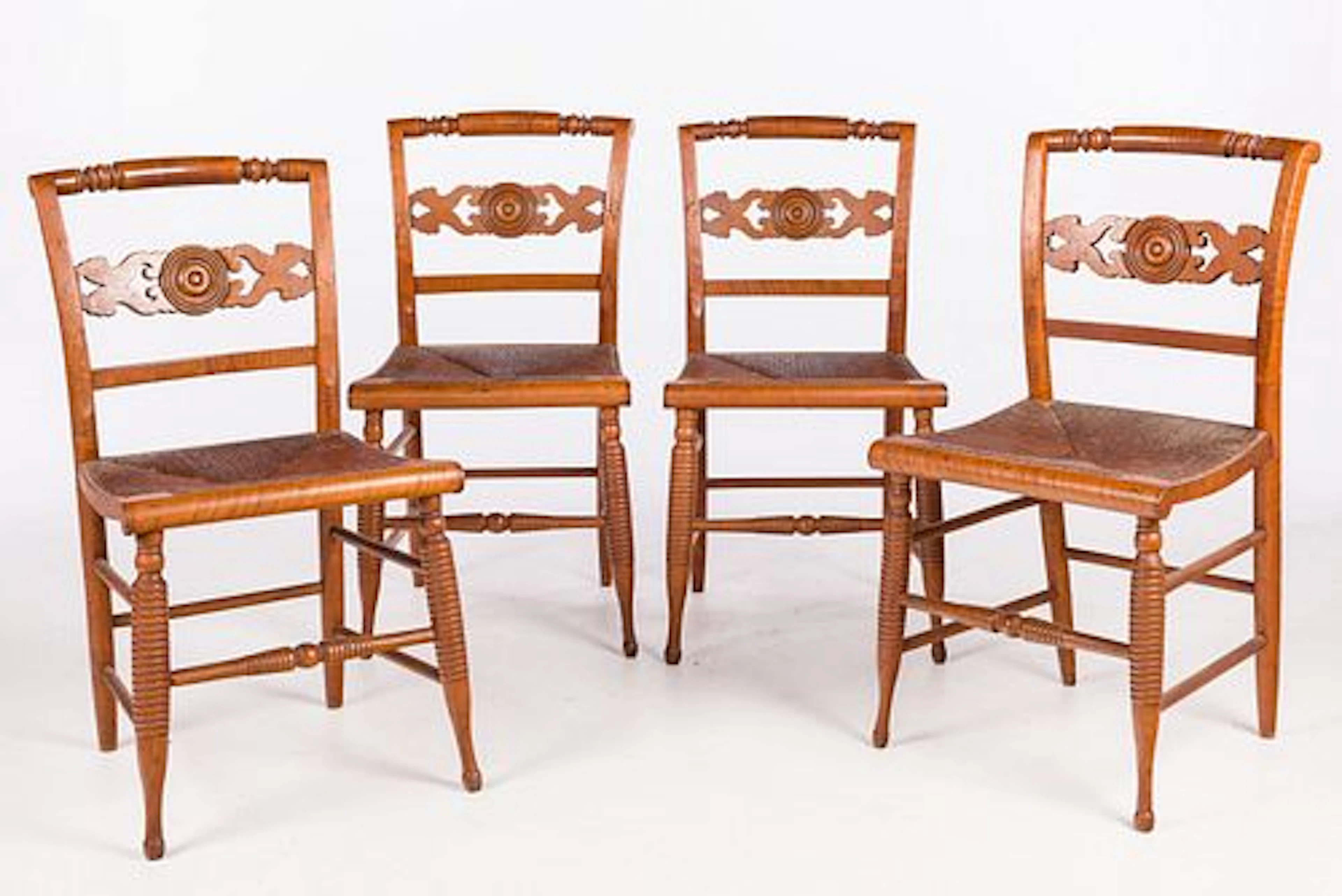 4 Federal Curly Maple Rush Seat Side Chairs, c. 1810