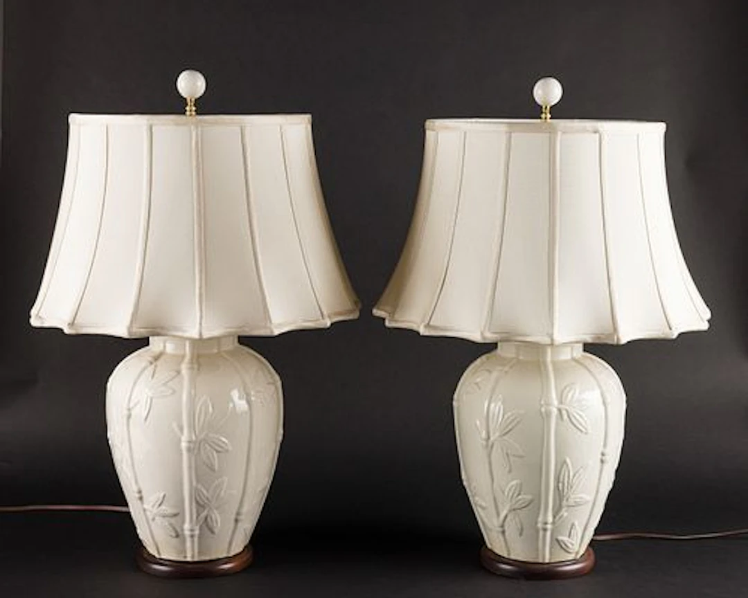 Pair of White Bamboo Decorated Ceramic Lamps