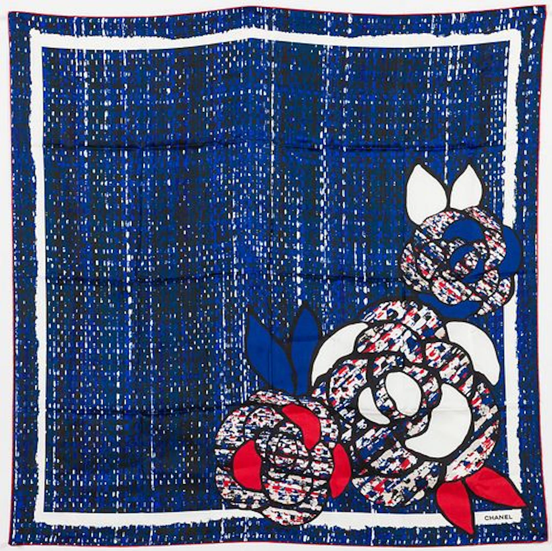 Chanel Camellia Flower and Tweed Print Silk Scarf