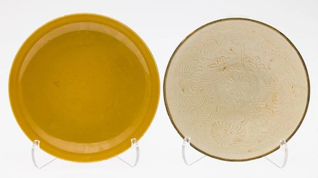 Chinese Yellow Plate & Chinese Ding Ware Carved Bowl