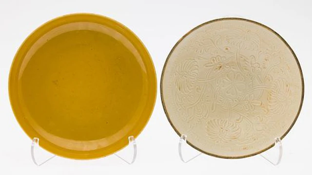 Chinese Yellow Plate & Chinese Ding Ware Carved Bowl