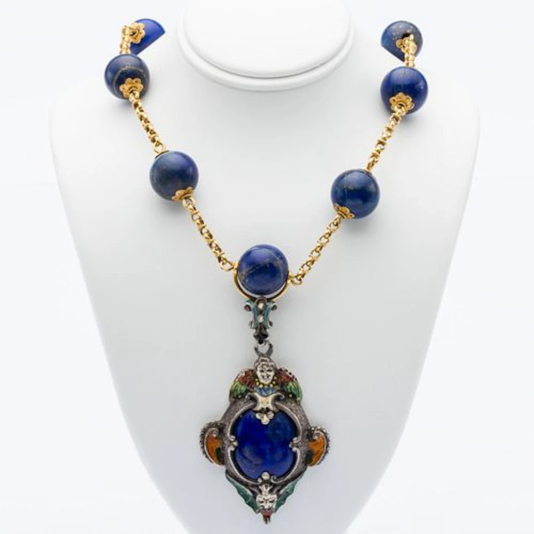 14K Gold & Lapis Beaded Necklace with Enamel Pendant