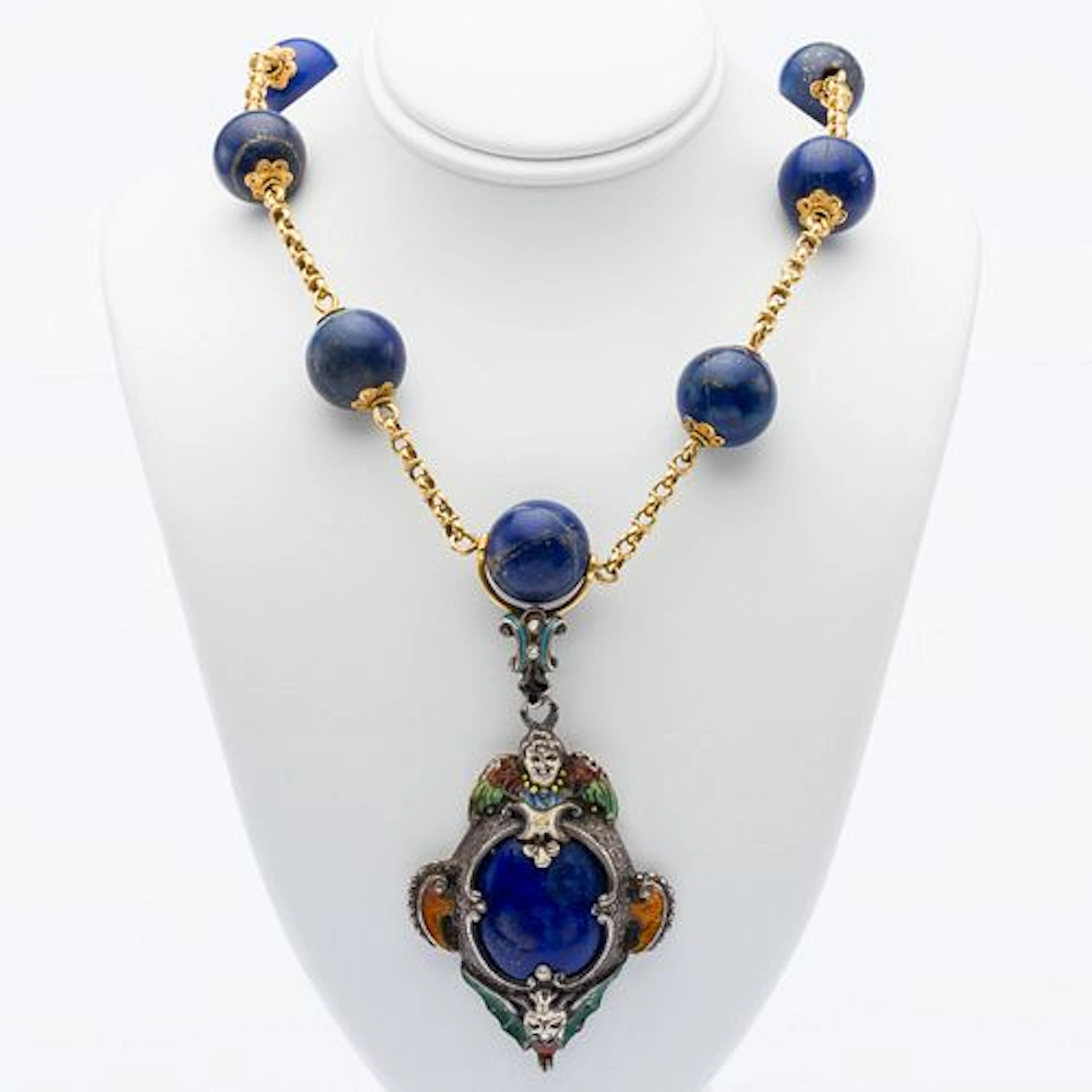 14K Gold & Lapis Beaded Necklace with Enamel Pendant