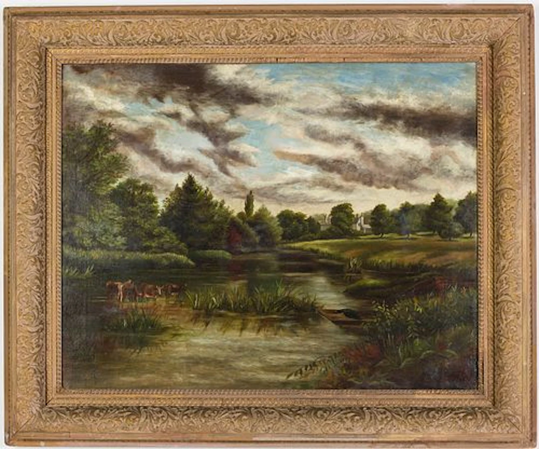 J.A.M., River Landscape with Cows, O/C, 1879
