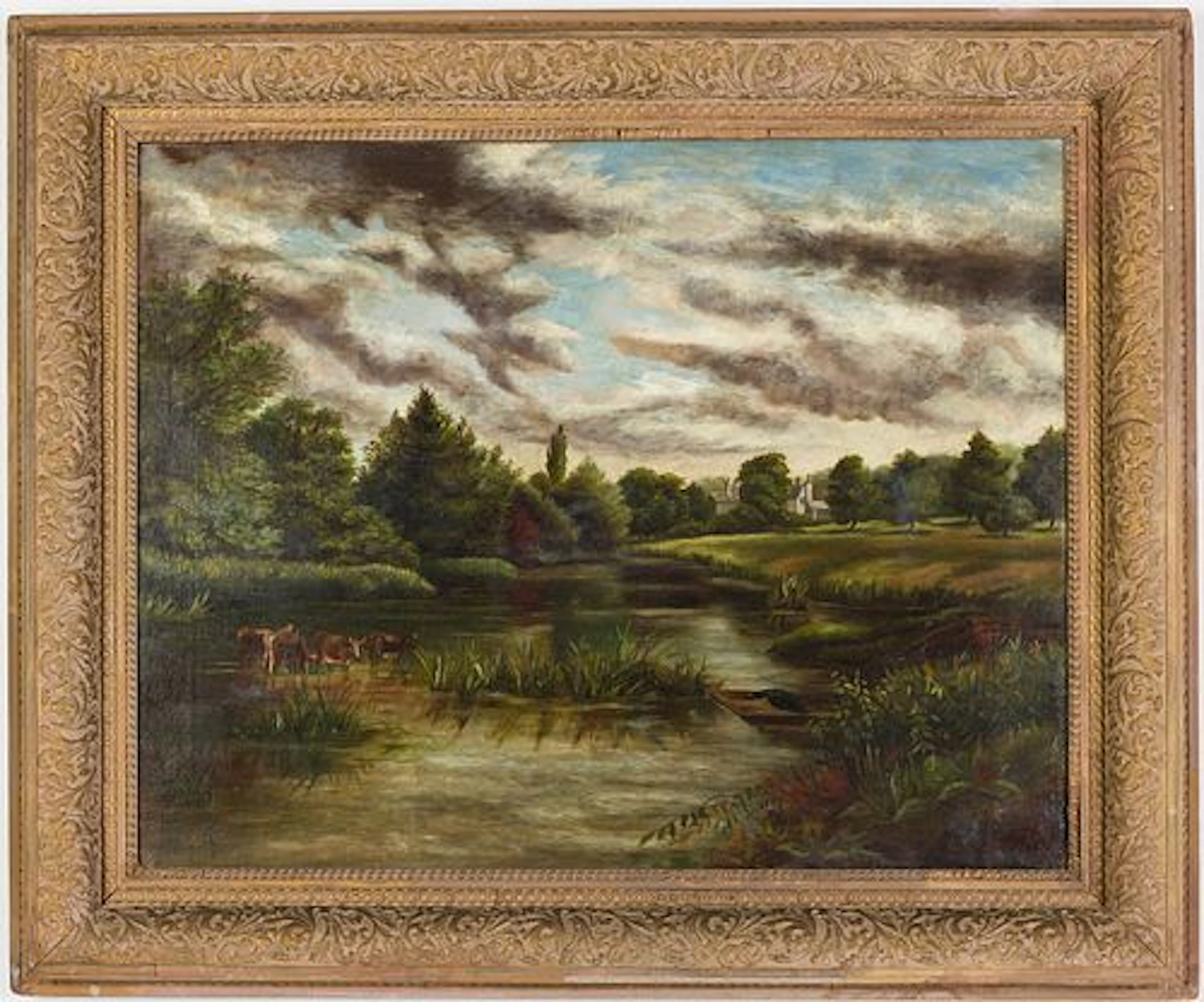 J.A.M., River Landscape with Cows, O/C, 1879