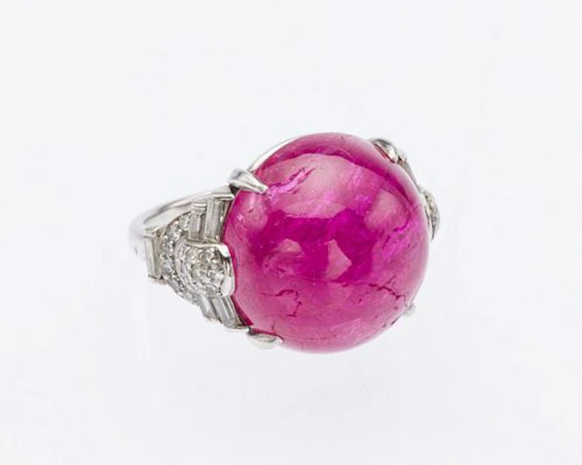 Art Deco Cabochon Ruby & Diamond Platinum Ring, Sz 5