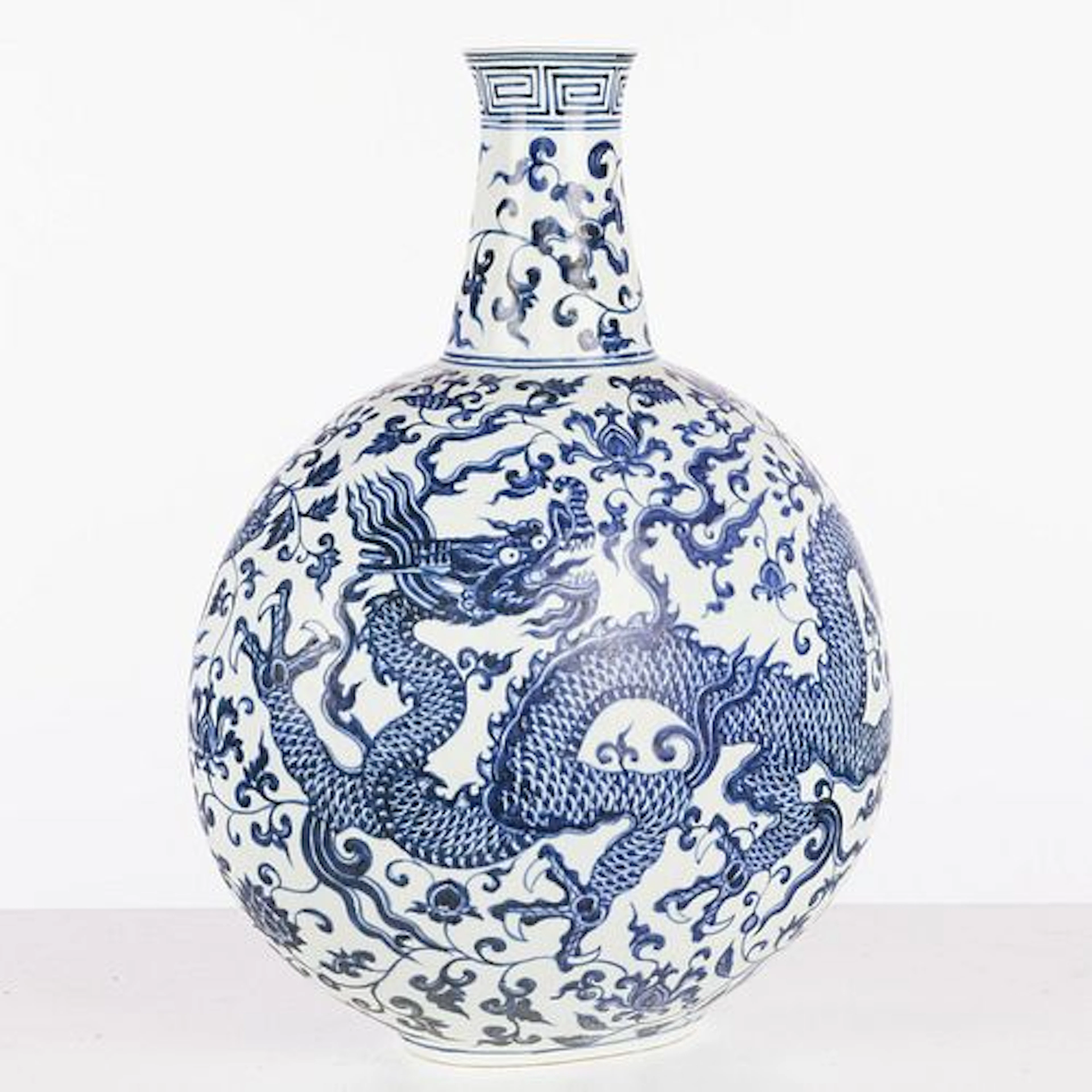 Chinese Blue and White Flattened Dragon Vase