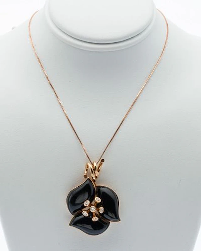 18K Gold, Onyx and Diamond Flower Necklace