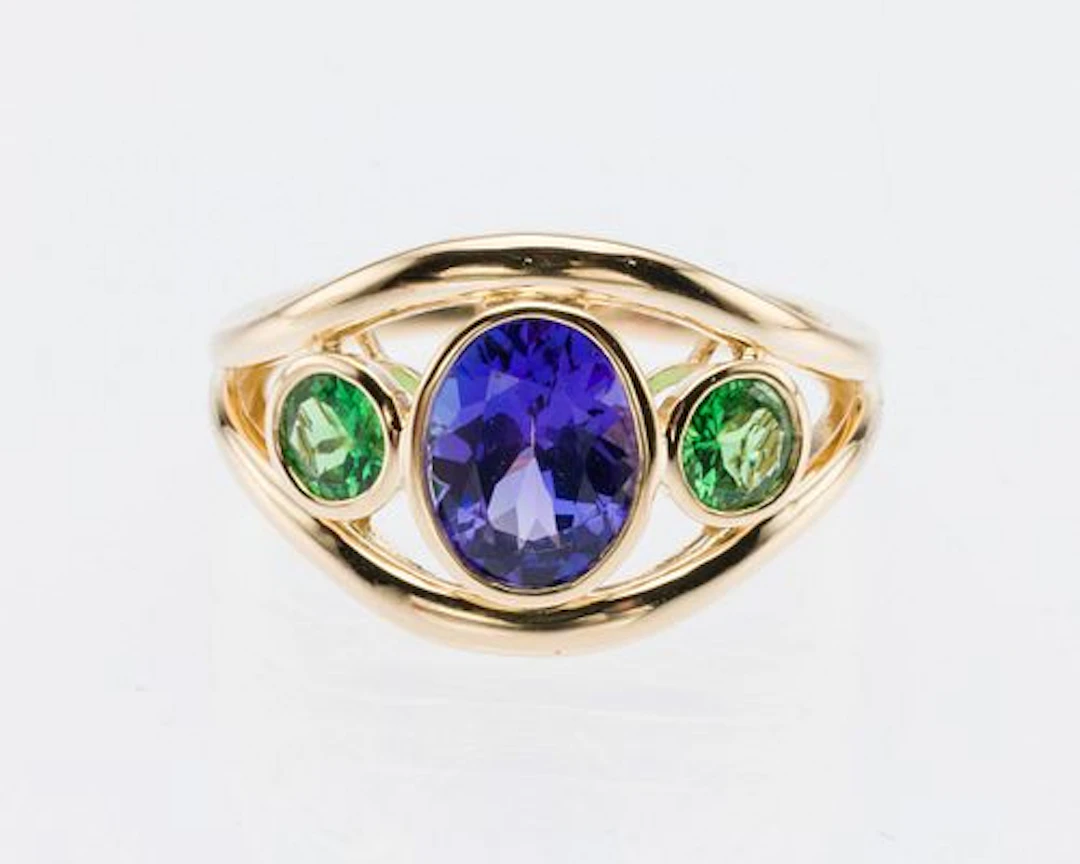 14K Gold, Tanzanite and Tsavorite Ring, Size 6.5