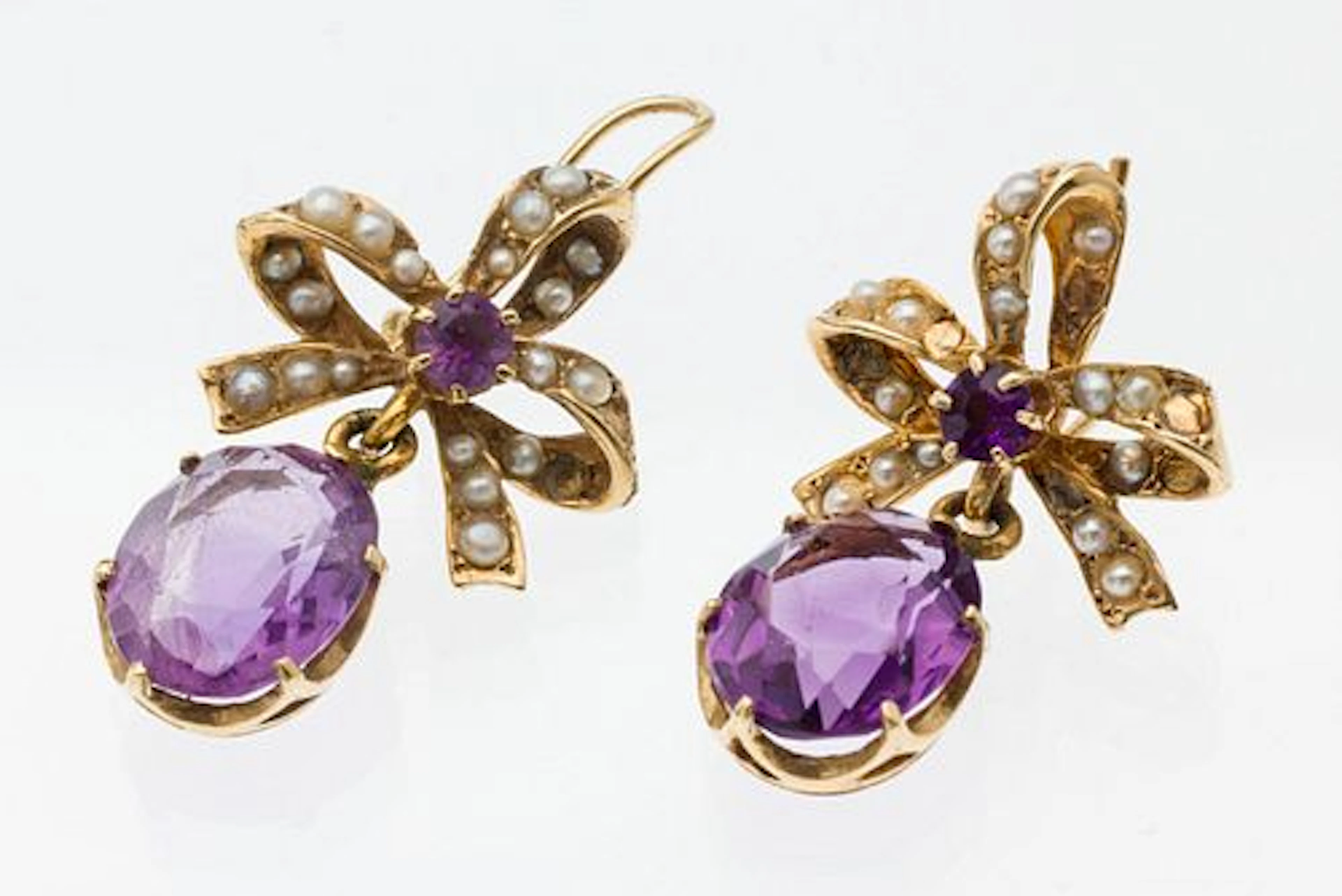 14K Gold, Amethyst and Seed Pearl Earrings