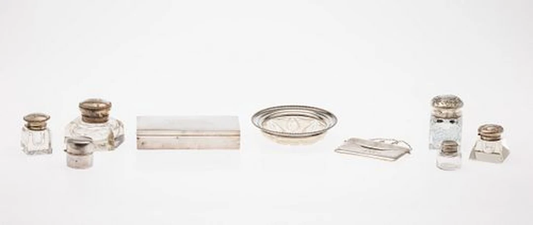 5 Sterling & Glass Inkwells & 4 Other Table Articles