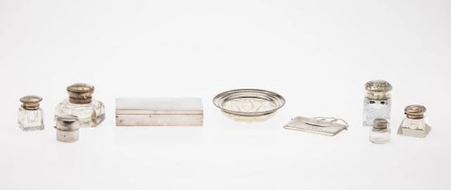 5 Sterling & Glass Inkwells & 4 Other Table Articles