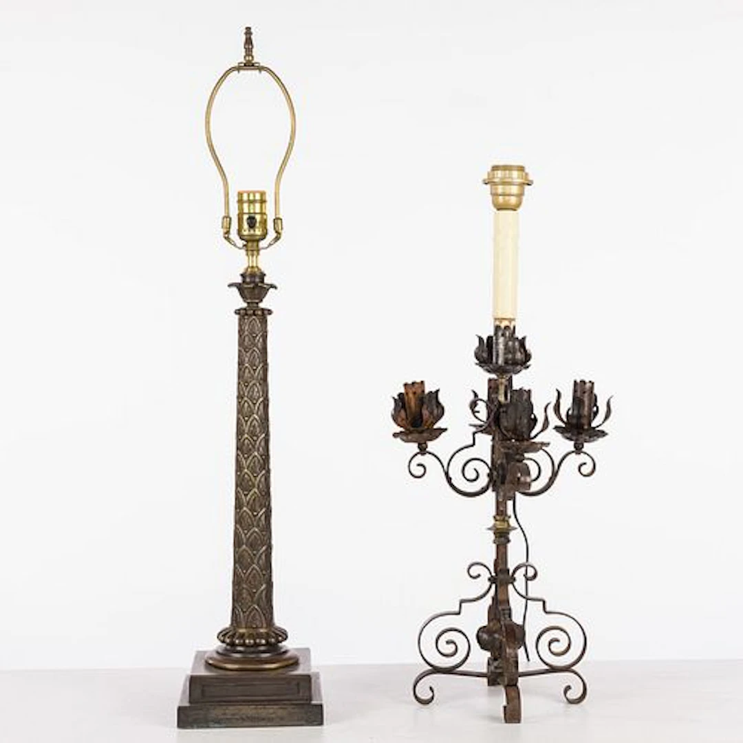 A Wrought Iron Lamp and a Bronze Lamp