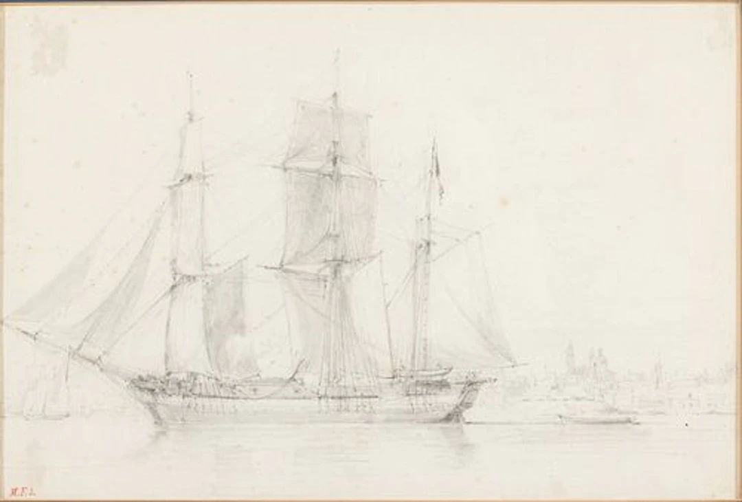Initial signed M. F., Sailing Ship, Pencil on Paper