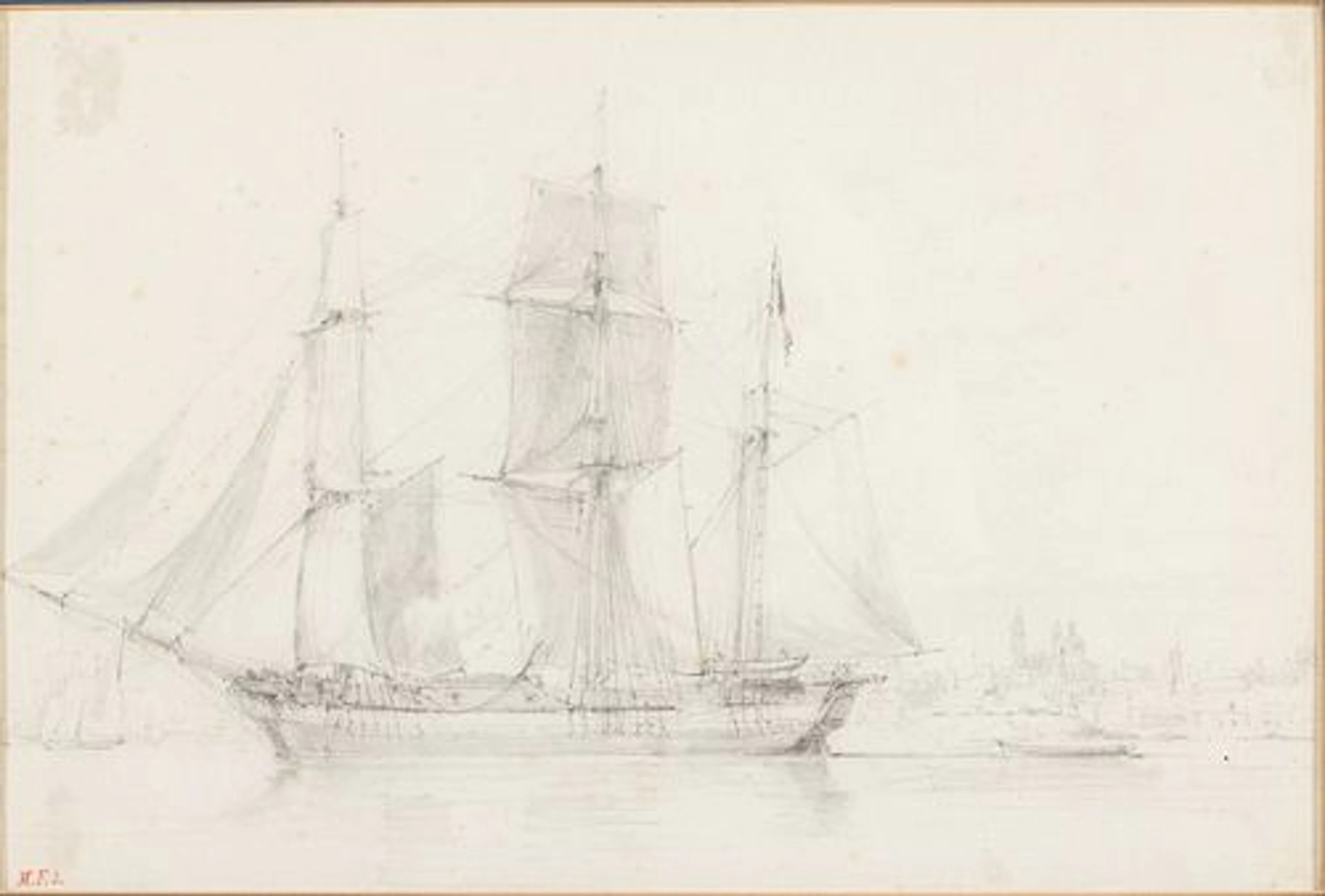 Initial signed M. F., Sailing Ship, Pencil on Paper