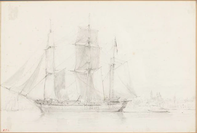 Initial signed M. F., Sailing Ship, Pencil on Paper
