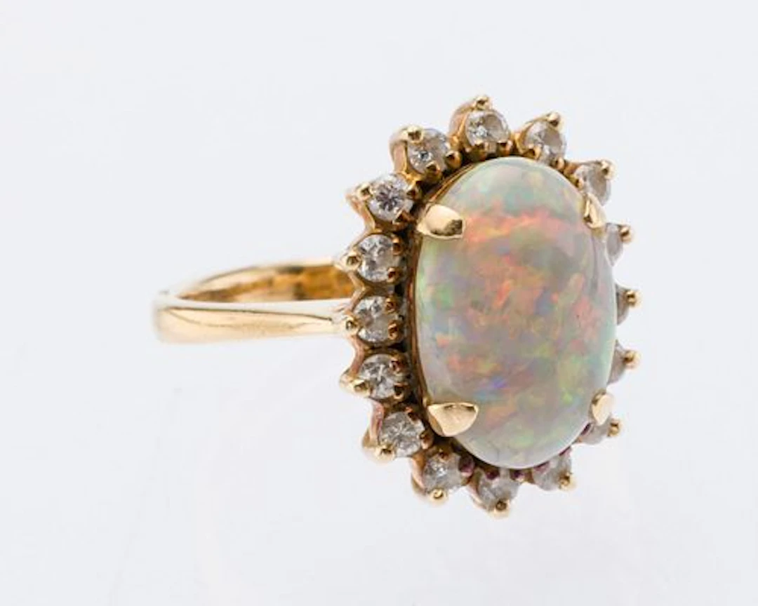 14K Gold, Opal and Diamond Ring, Size 4