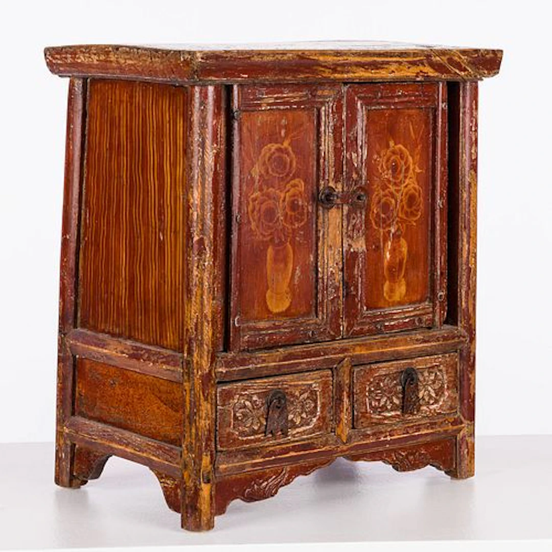 Asian Red Lacquer Diminutive Armoire