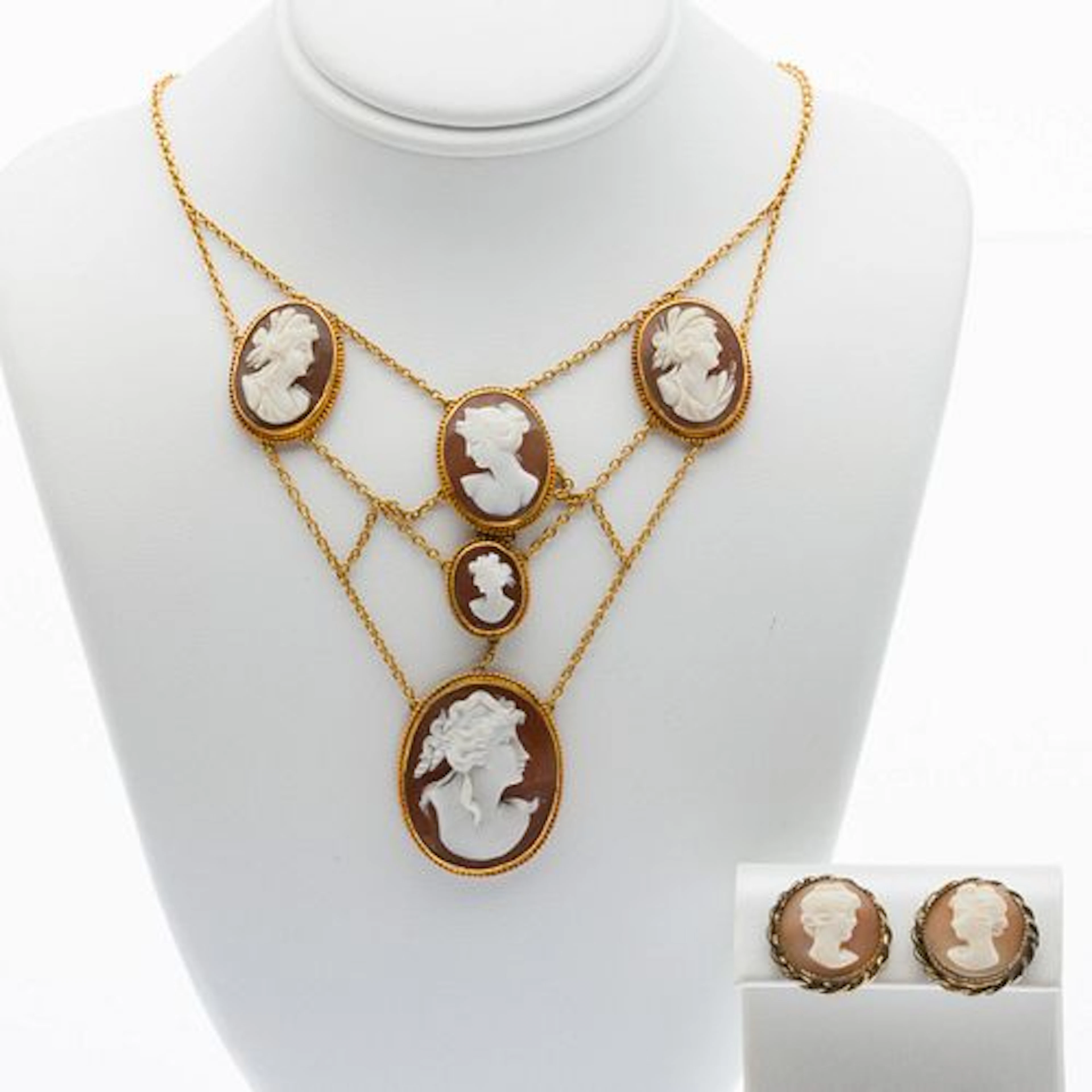 10K Gold Multi-Cameo Necklace & Pair Cameo Earrings