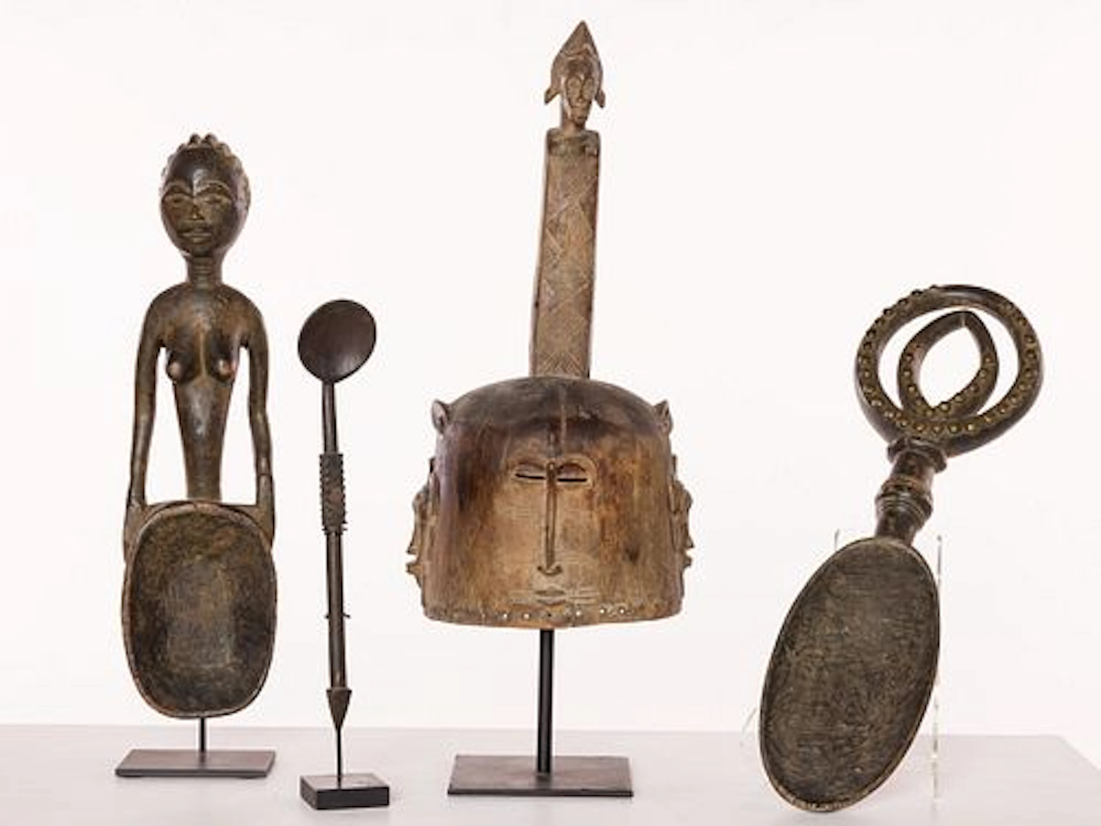 3 African Ceremonial Spoons and Mask on Stand