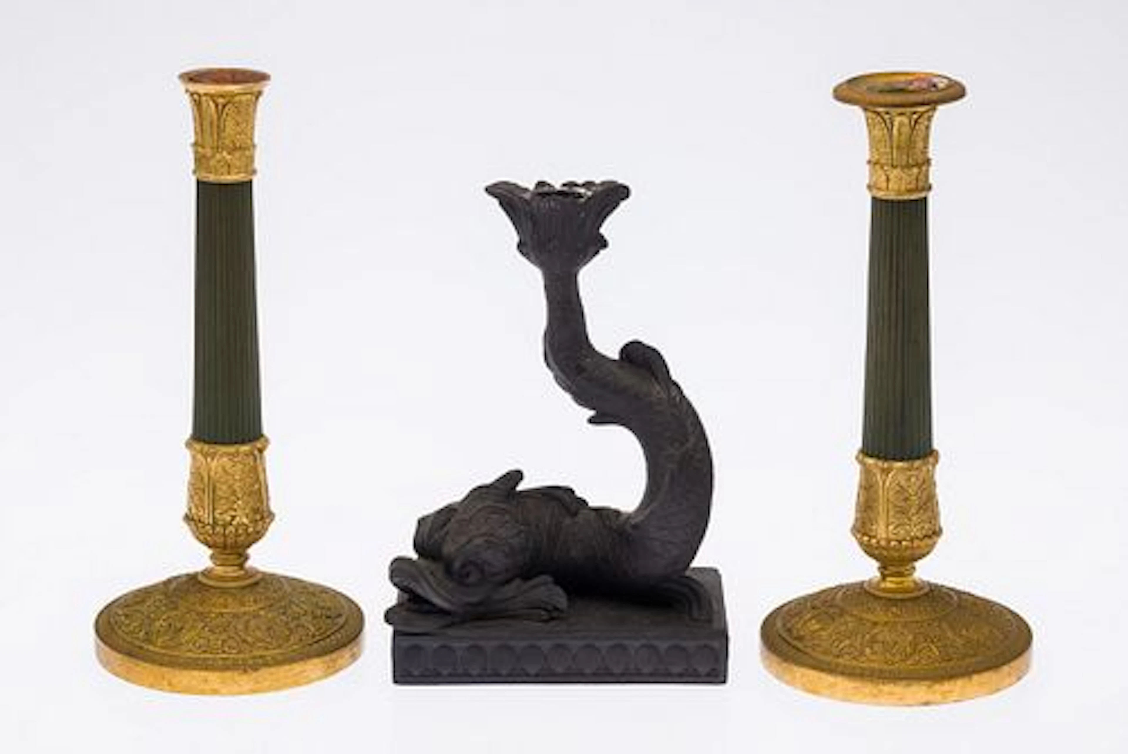 Pr French Candlestcks & Wedgwood Dolphin Candlestick