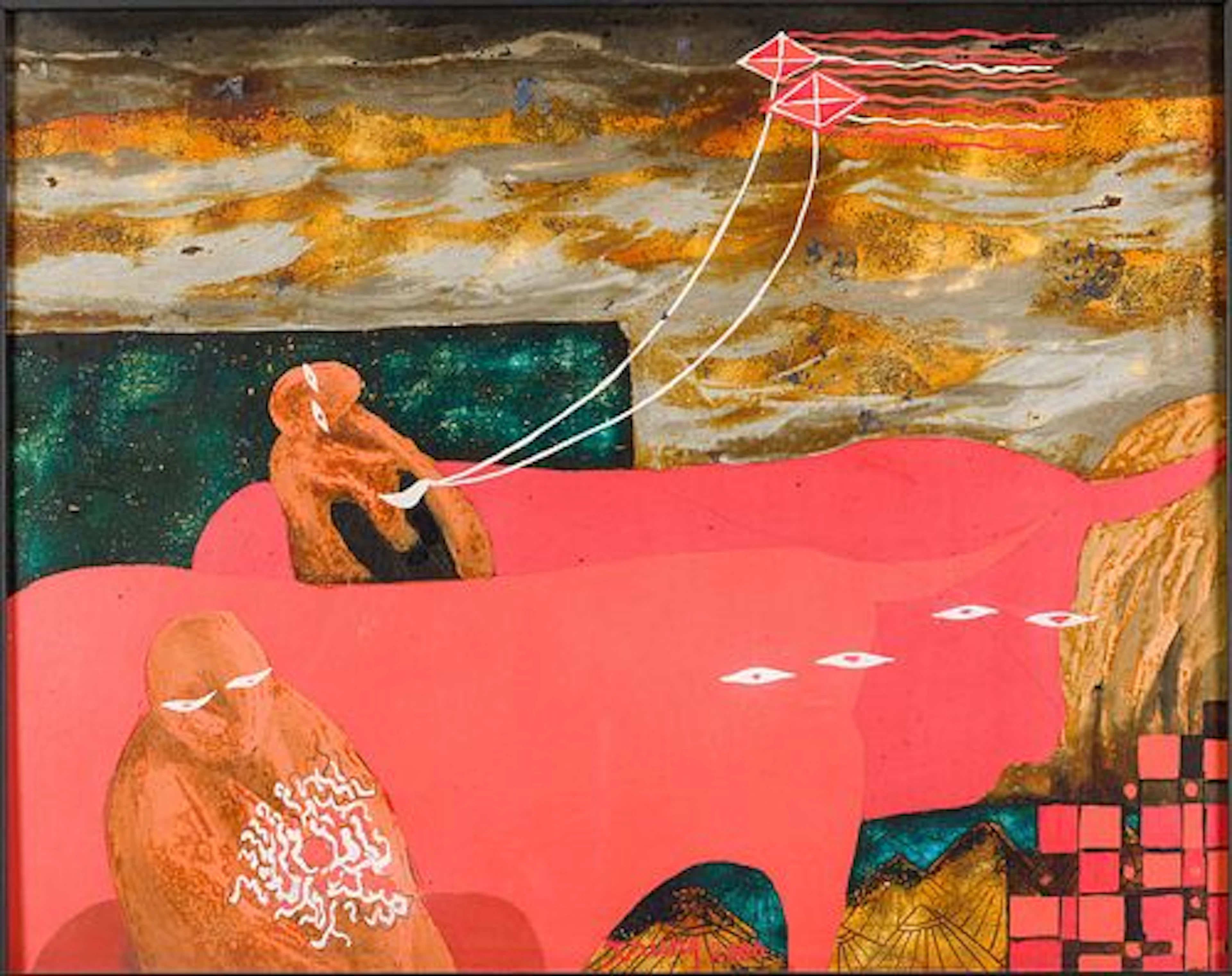 Signed Trung, Figures with Bulls and Kites, Lacquer