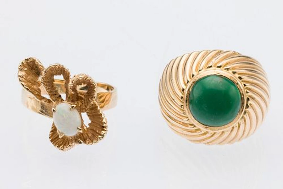 Two 14K Gold, Opal and Malachite Rings