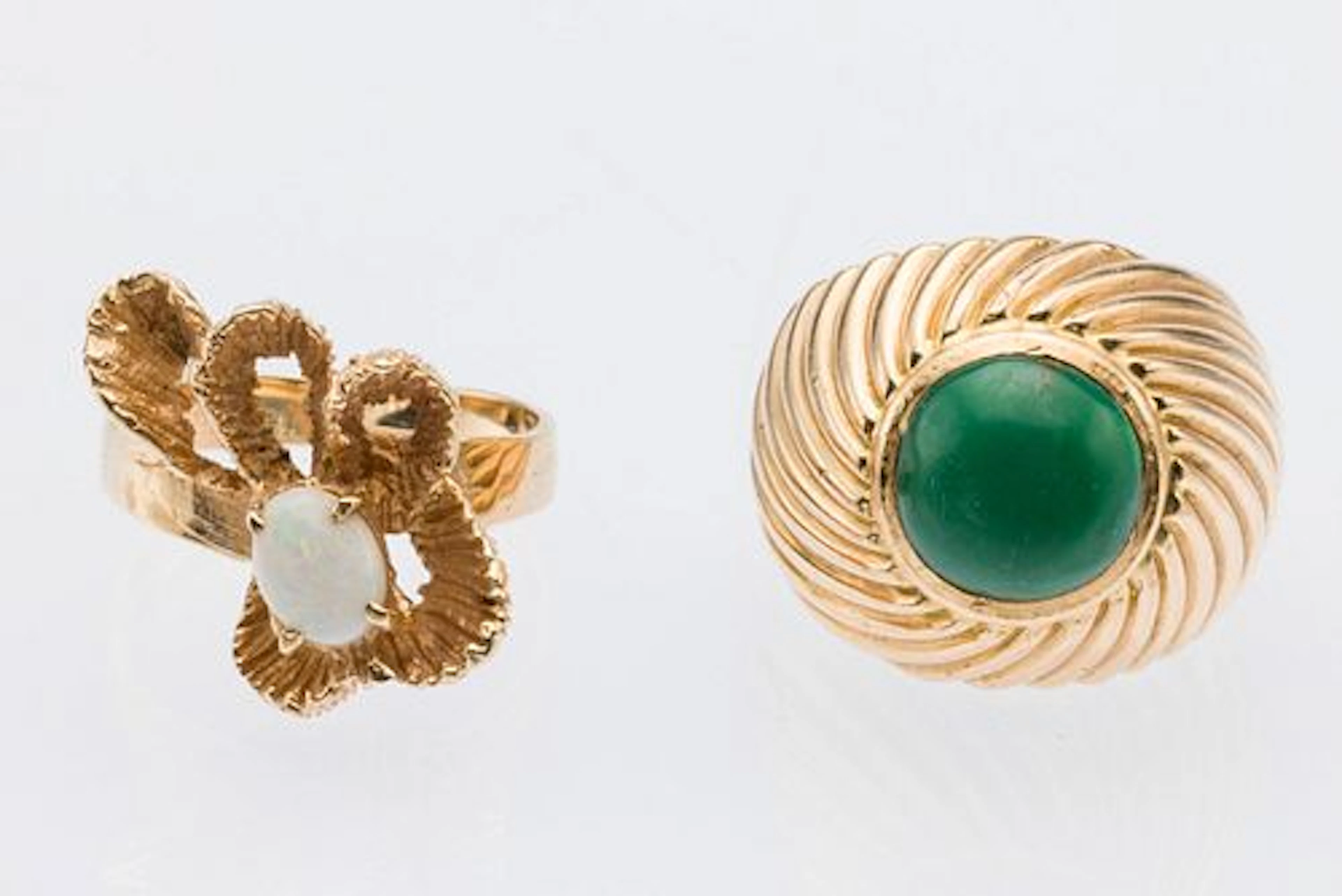 Two 14K Gold, Opal and Malachite Rings