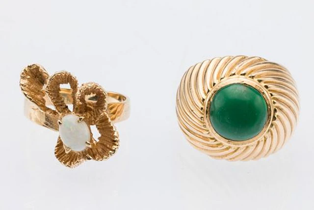Two 14K Gold, Opal and Malachite Rings