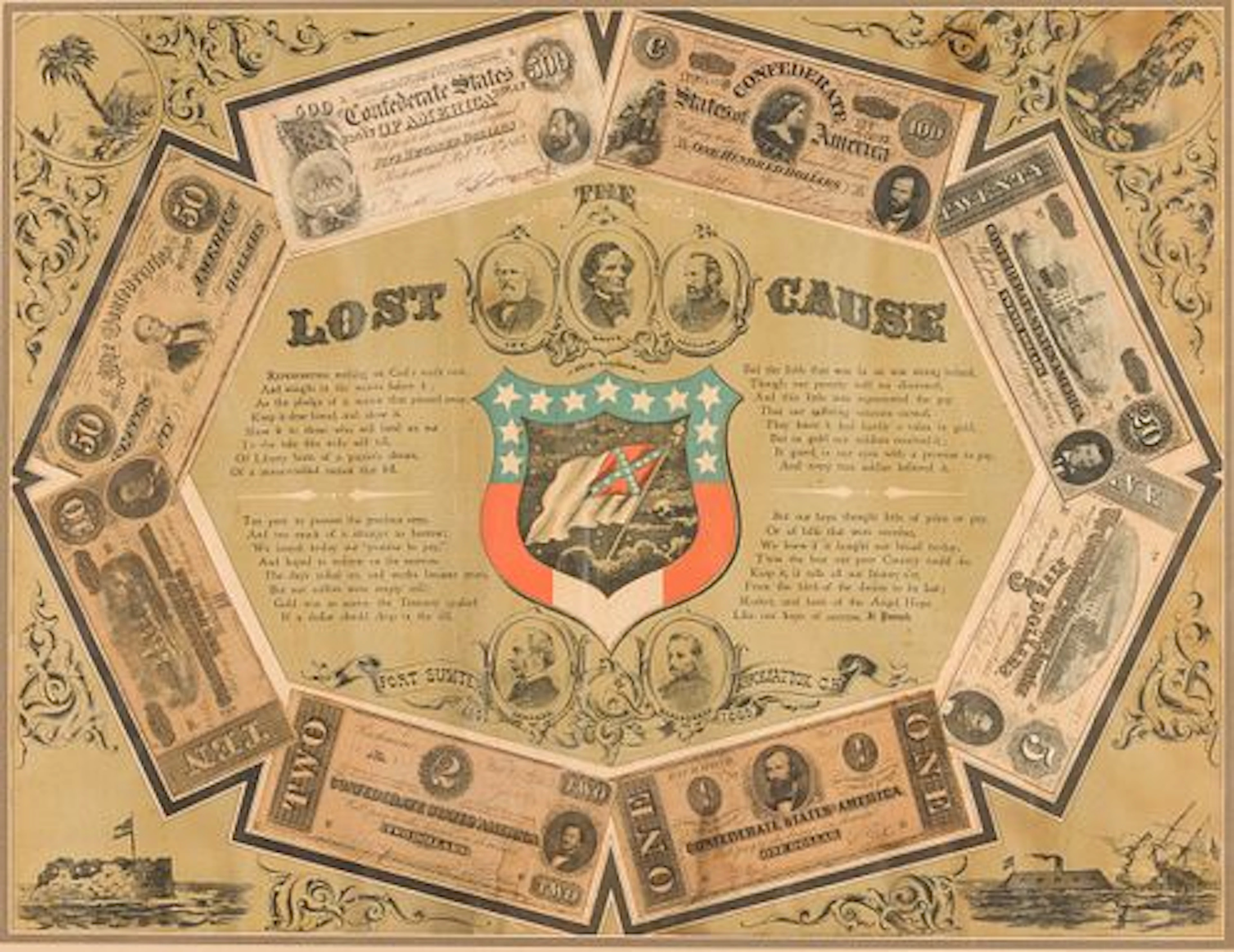 1872 Framed Confederate Money Titled 'Lost Cause'
