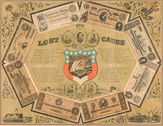 1872 Framed Confederate Money Titled 'Lost Cause'
