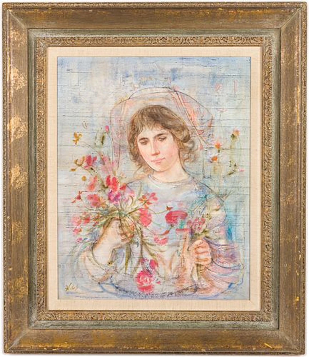 Edna Hibel (MA/FL, 1917-2014) Woman w Flowers, Oil