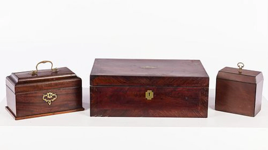 English Mahogany Writing Box & 2 Tea Caddies, 19th C