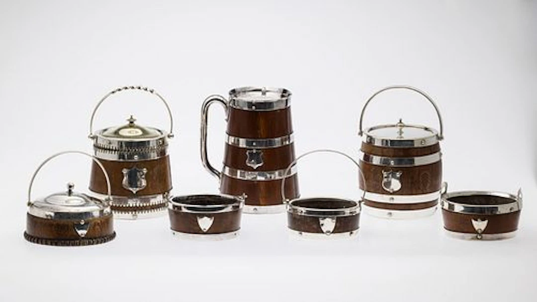 7 English Oak & Silverplate Serving Articles, 19th C