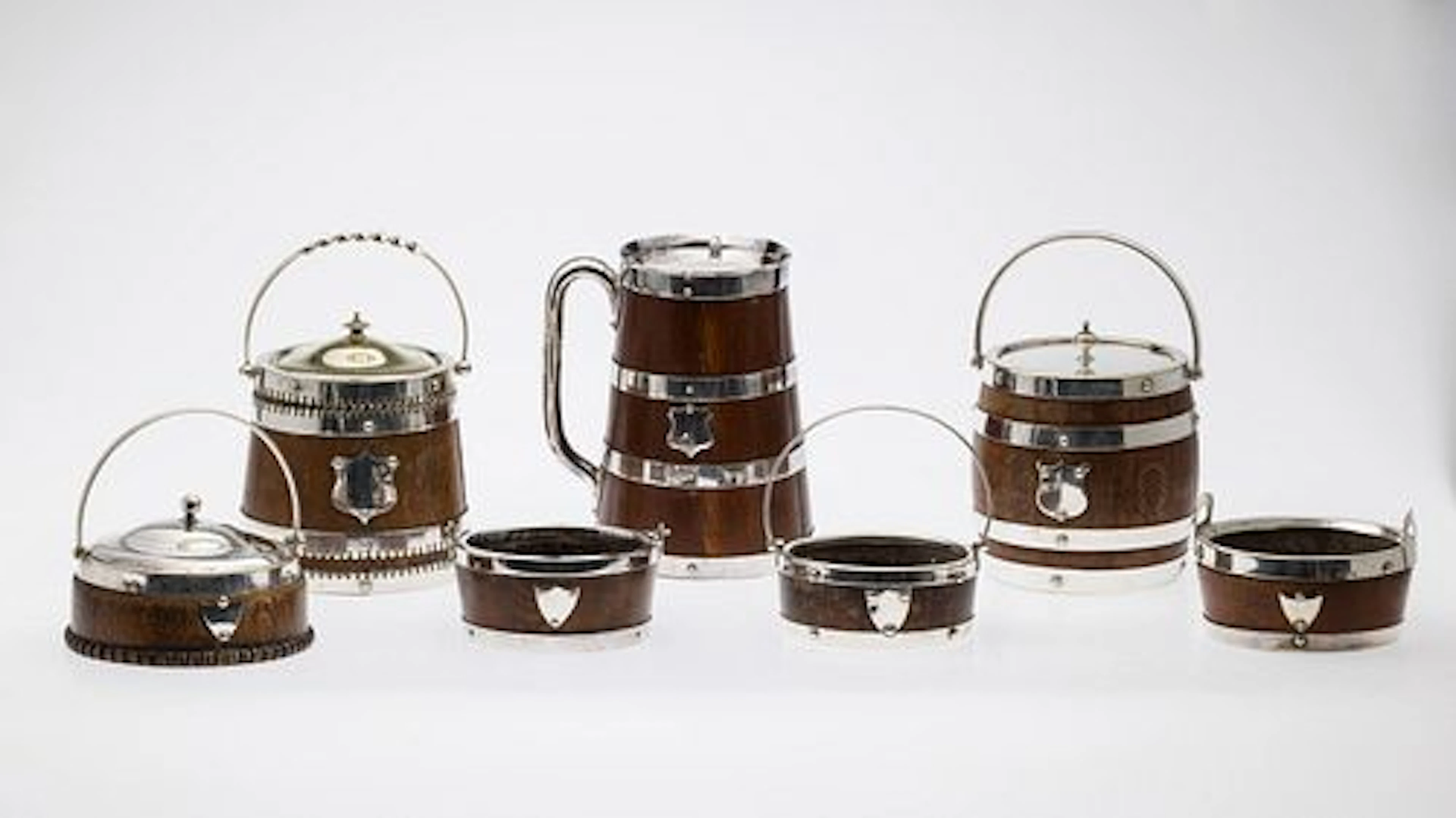 7 English Oak & Silverplate Serving Articles, 19th C