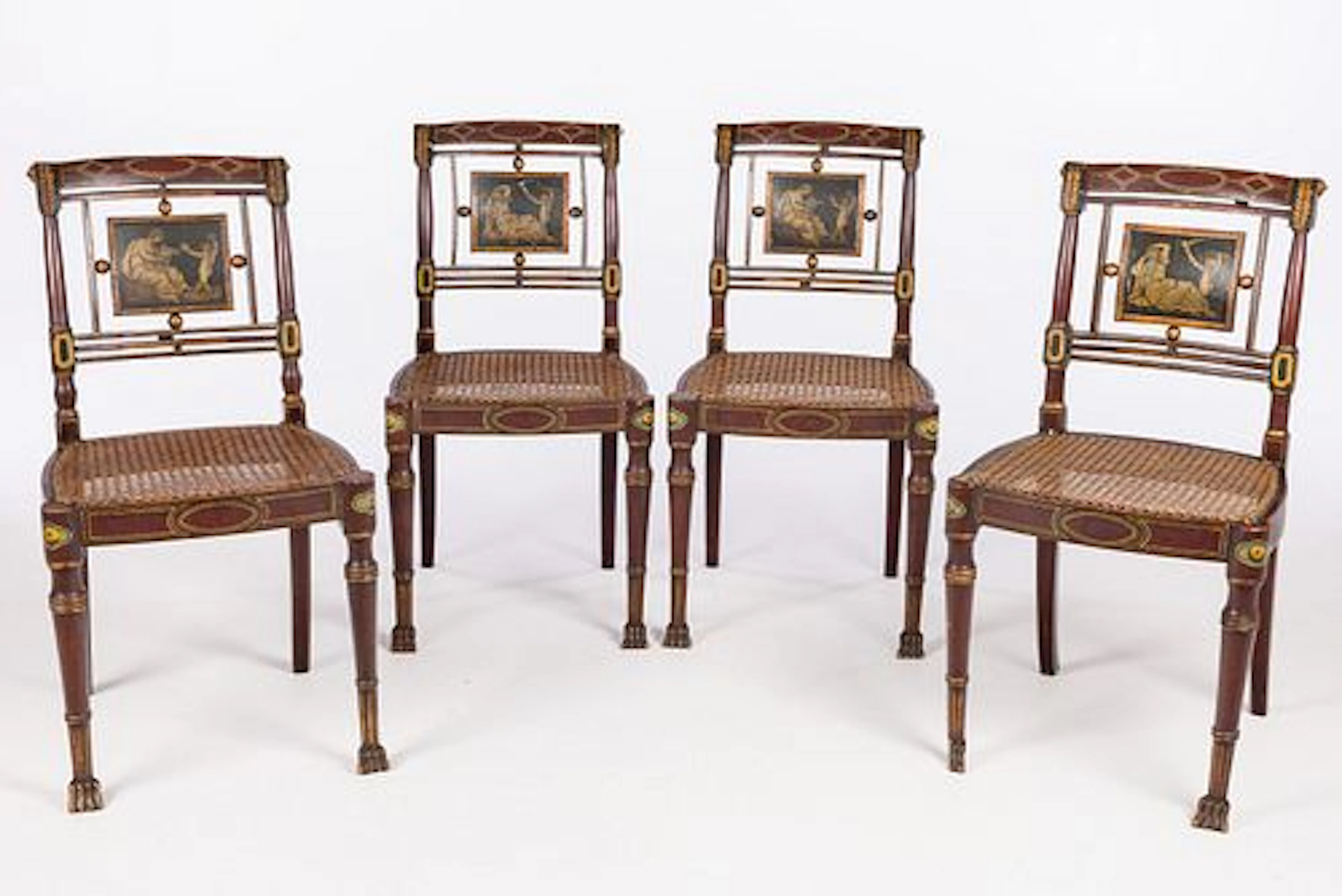 4 Regency Painted Caned Side Chairs, Early 19th C