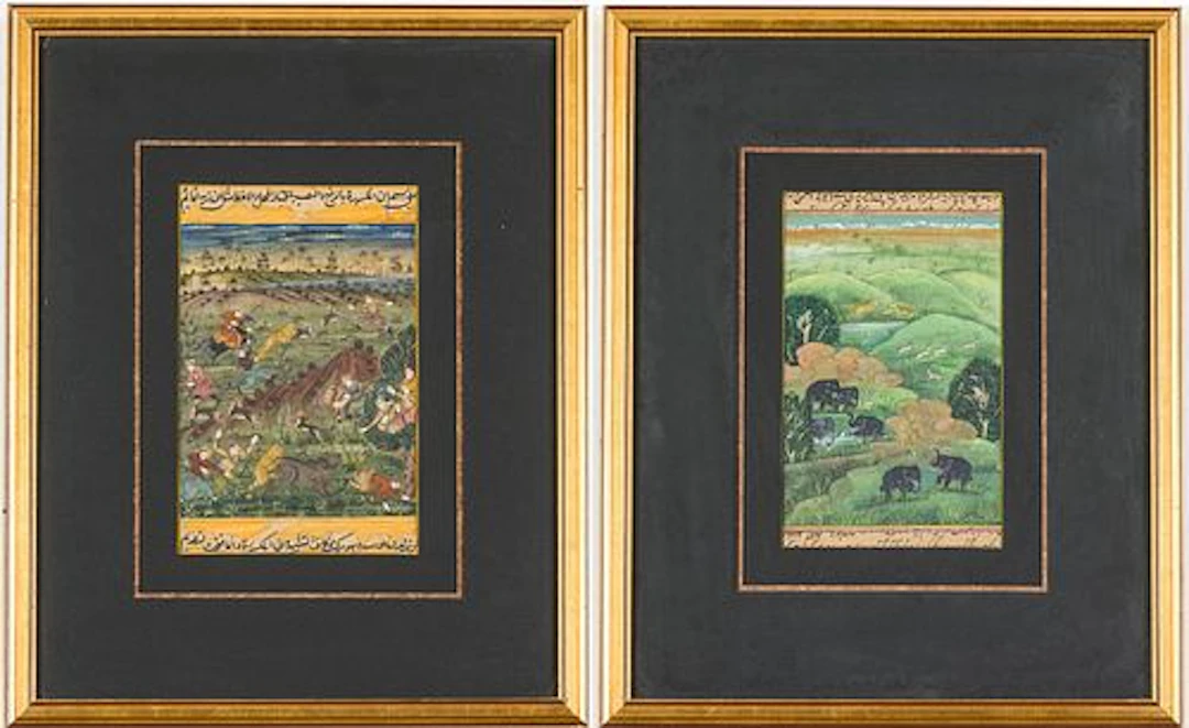 2 Framed Persian Manuscript Pages, Watercolor & Ink