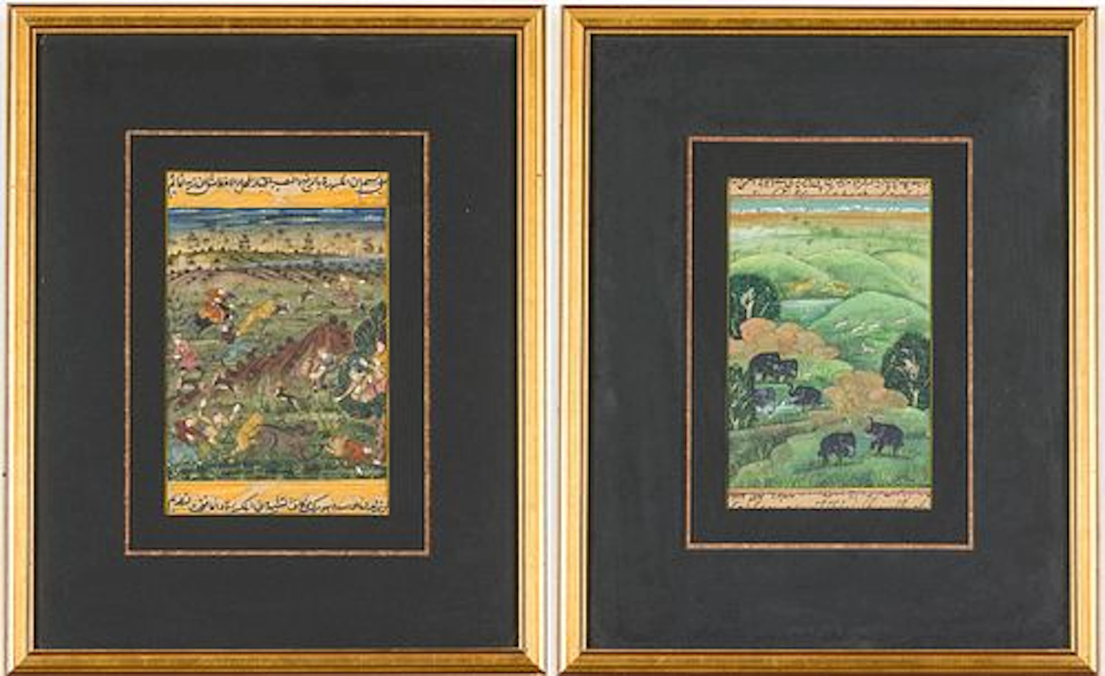 2 Framed Persian Manuscript Pages, Watercolor & Ink