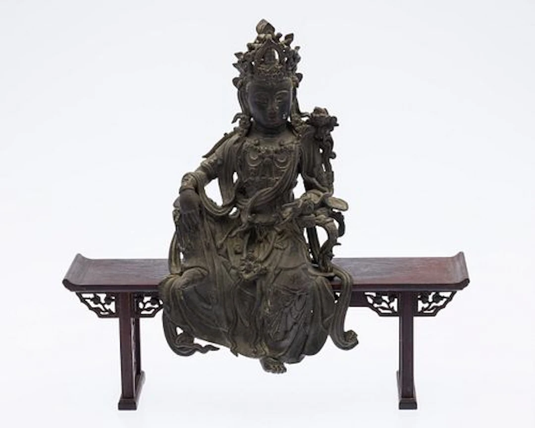 Chinese Metal Bodhisattva and Miniature Console