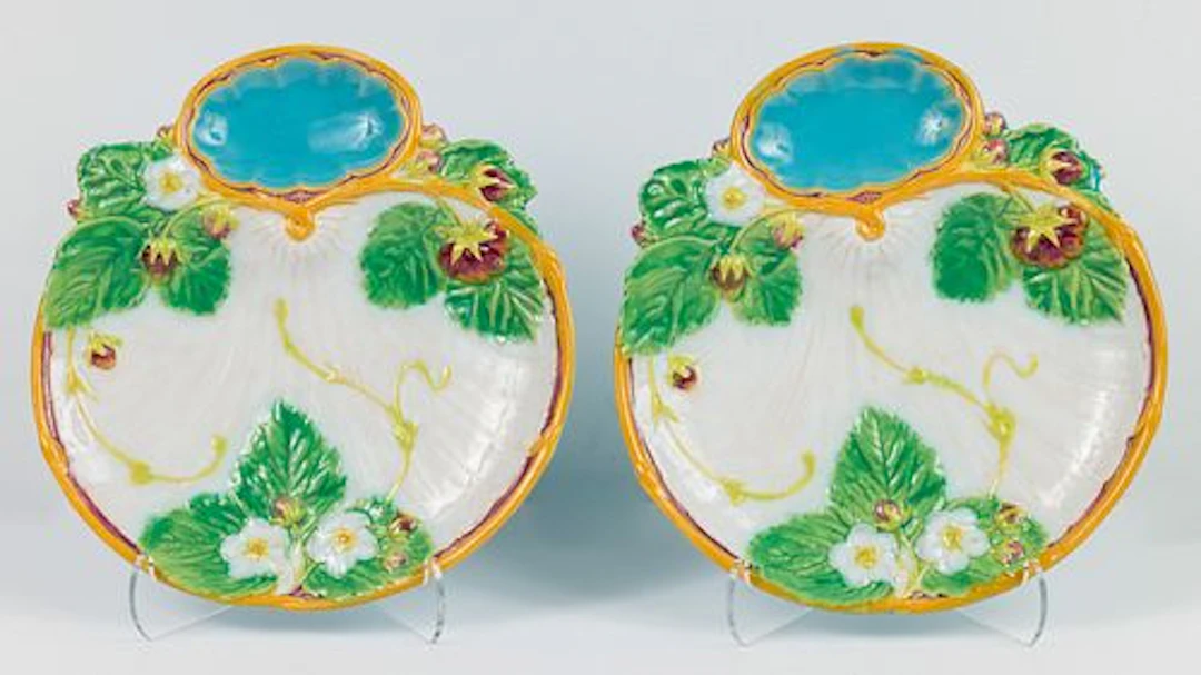 Pair of Minton Majolica Strawberry Plates