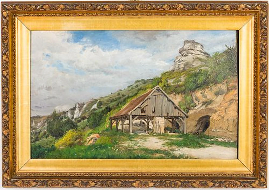 Illegibly Signed Mountain Landscape w Structure, O/B