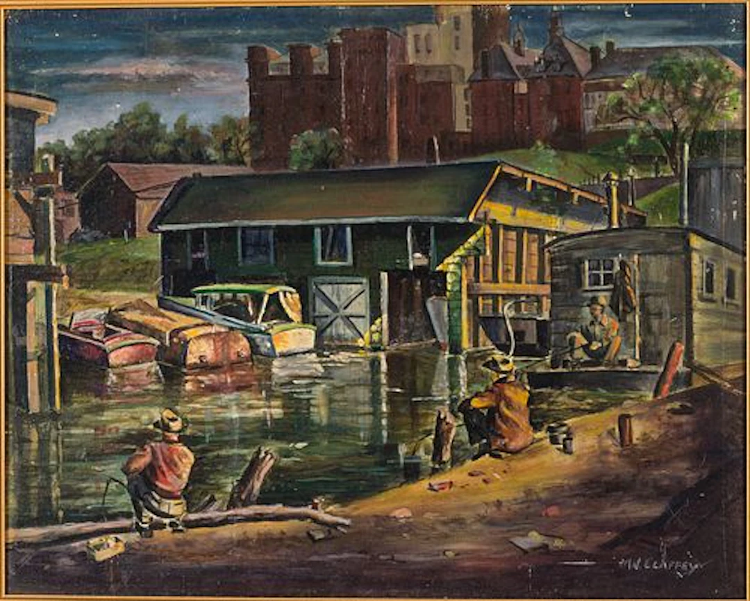 M.N. Claffey, Boathouse and Fisherman, Oil on Bard